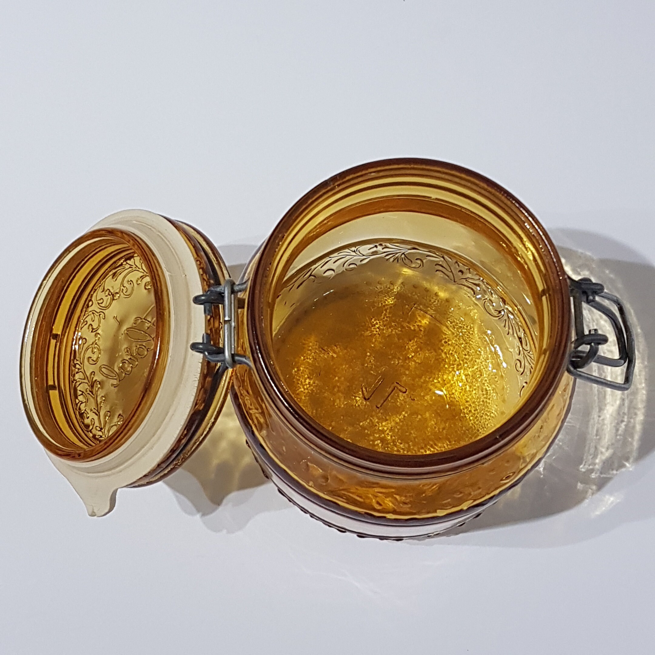 Vintage Amber Italian Glass Jar with Snap Lid, Apothecary Jar, Kitchen
