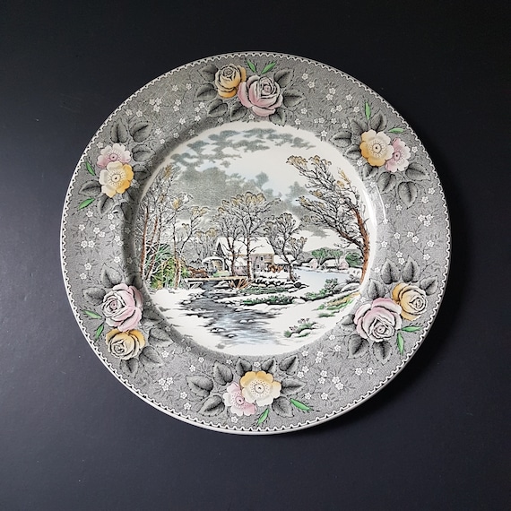 Vintage William Adams Transferware Plate Winter Grist Mill Scene England Ironstone Stoneware Crockery
