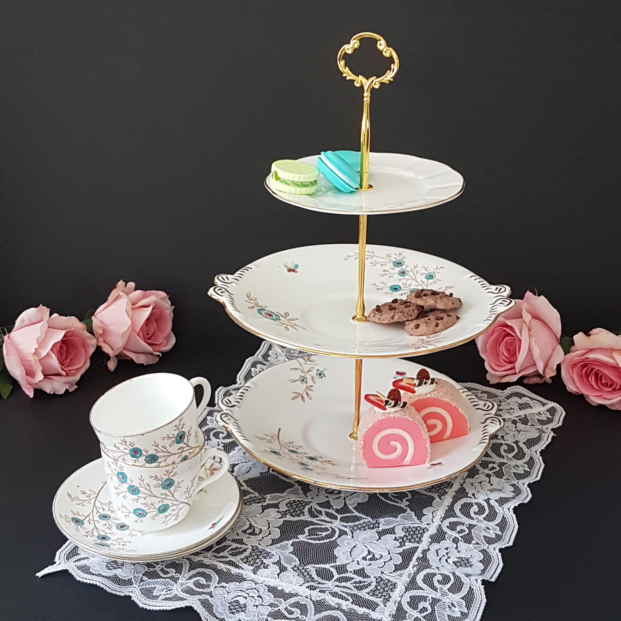 3 Tier Cake Stand, 2 Matching Tea Cup and Saucer, Hand Painted, Blue