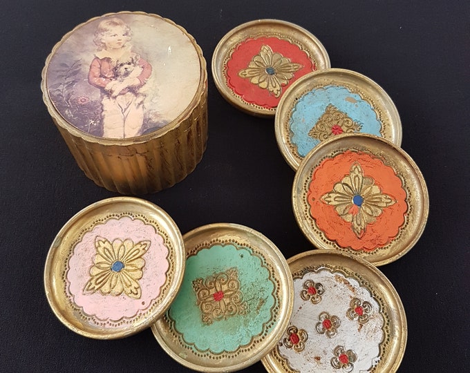 Italian Vintage Florentine Wooden Coaster Set in Holder, 6 Unique Coasters in Holder Box
