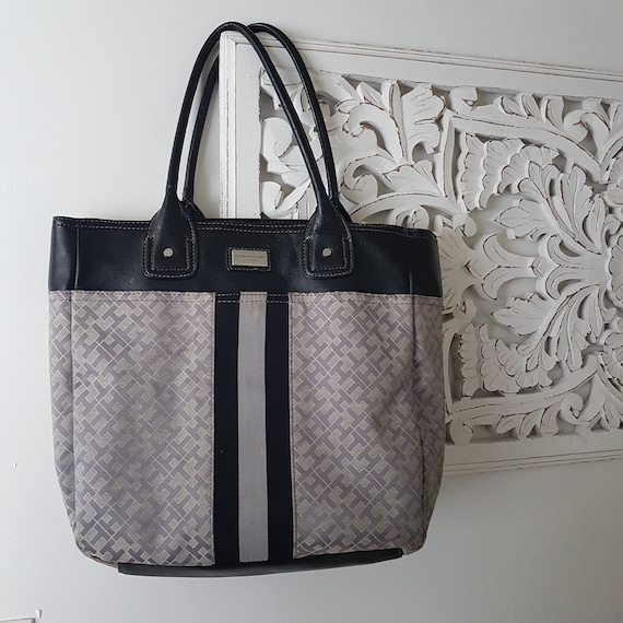 Tommy Hilfiger Vintage Monogram Tote Bag - Gray and Black TH Logo Jacquard Canvas Shoulder Bag