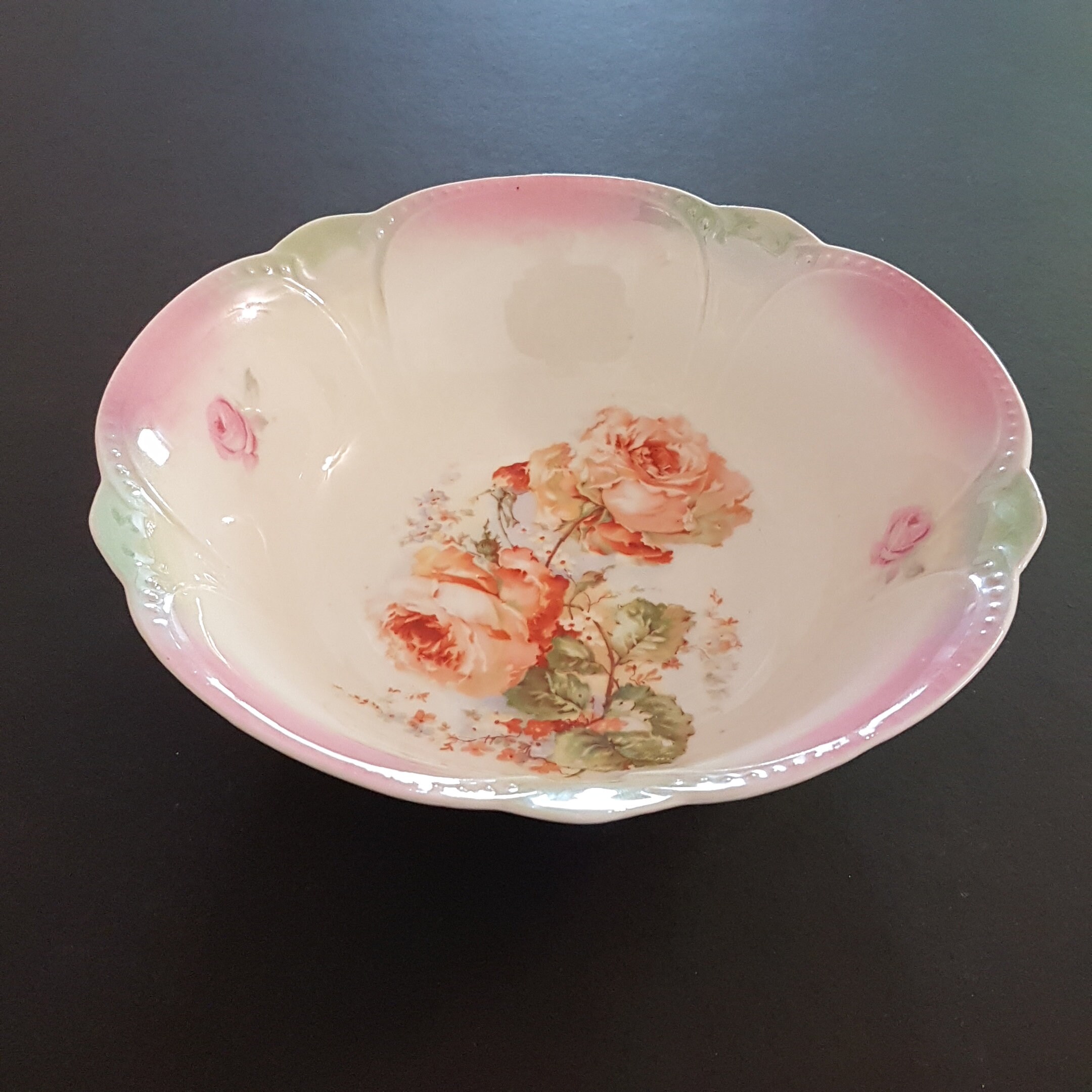 Vintage German Porcelain China Serving Bowl Peach Roses Etsy