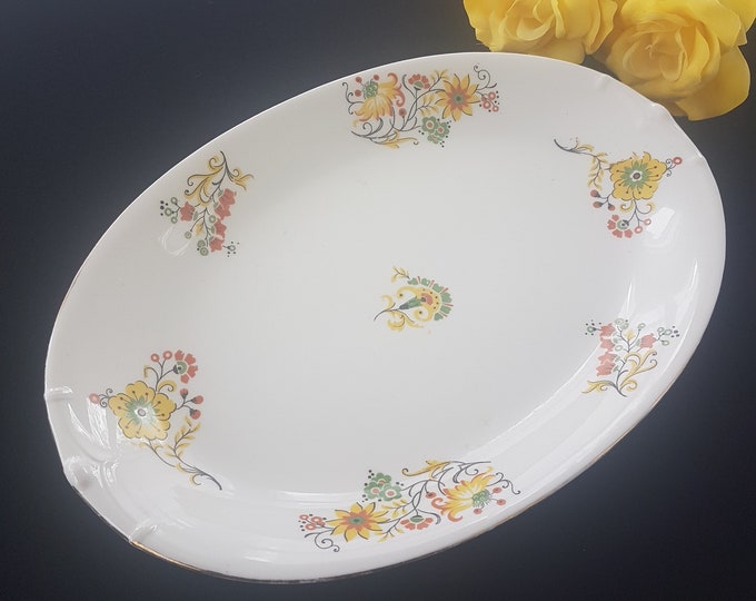 French Antique Boisbertrand Theilloud Limoges Platter, Hand Painted Art Deco, Yellow Orange Green Flowers