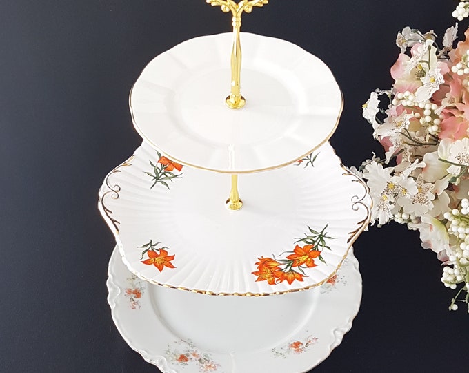 3 Tier Cake Stand with Vintage Plates, Orange Lily Flowers, Afternoon Tea Party, Dessert Cupcake Stand