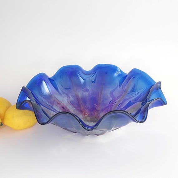 Vintage Cobalt Blue Blown Glass Serving Bowl Freeform Decorative Centerpiece Bowl