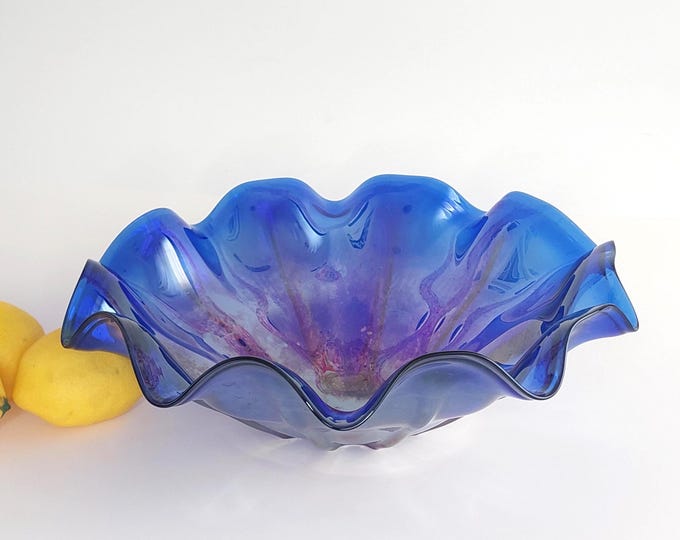 Vintage Cobalt Blue Blown Glass Serving Bowl Freeform Decorative Centerpiece Bowl