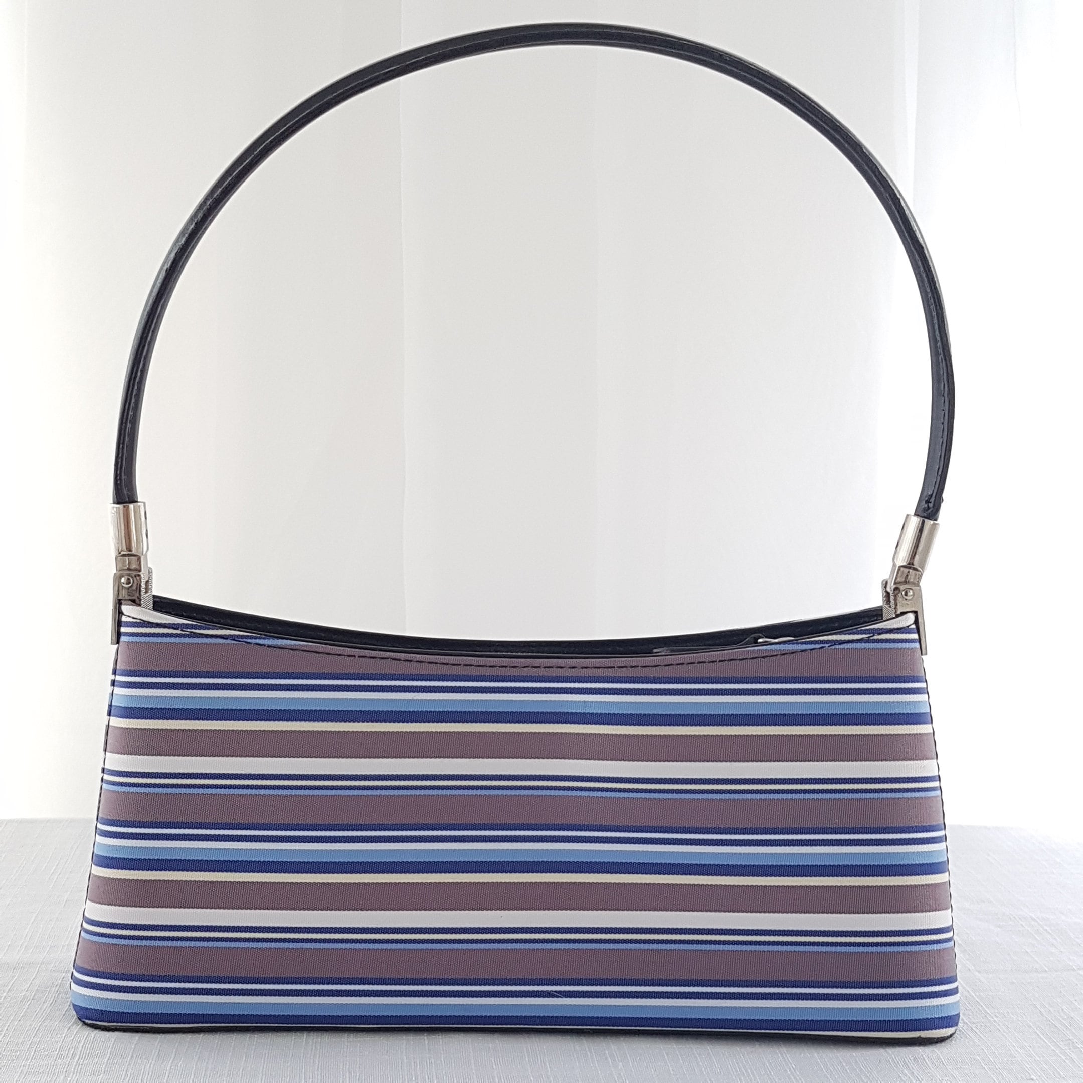 Vintage Kate Spade New York Handbag, Blue Brown Striped, Top Handle Purse,  Small Shoulder Bag