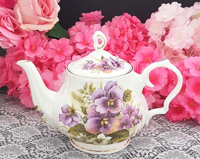 Vintage Gracie Bone China Teapot with Purple Violet Floral Design - Elegant Afternoon Tea Accessory