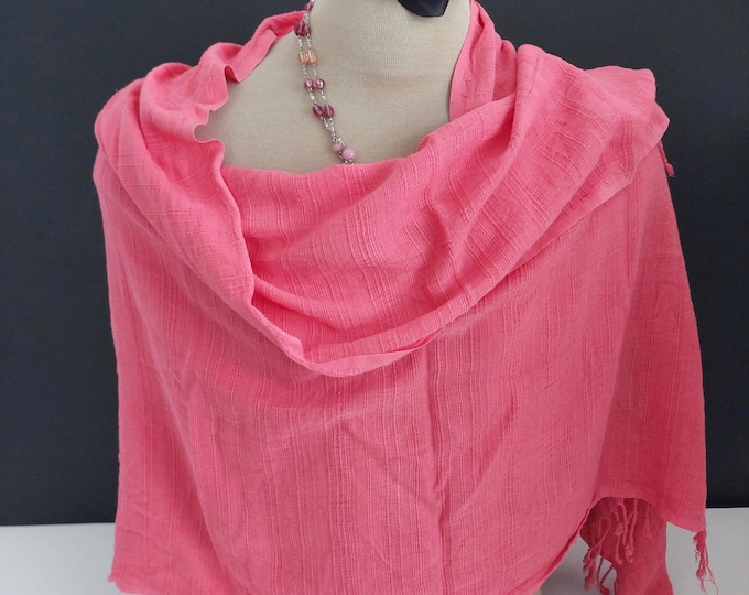 Thai Silk Coral Pink Pashmina Shawl - Lightweight Shoulder Wrap Scarf with Fringe
