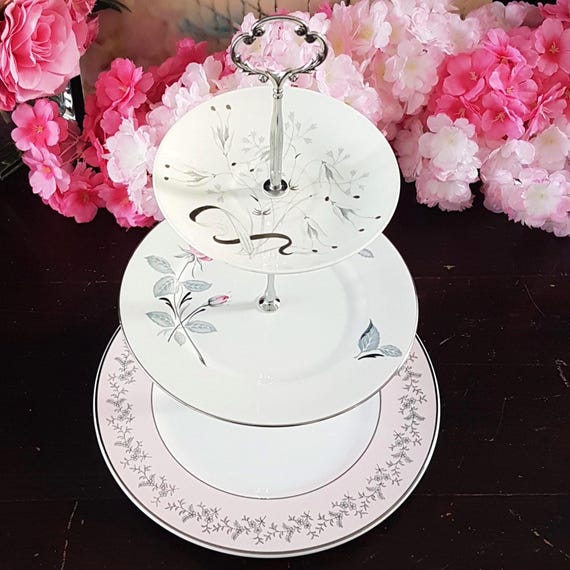 Party Decor 3-Tier Cake Stand Bone China Pink Gray Silver Dessert Table