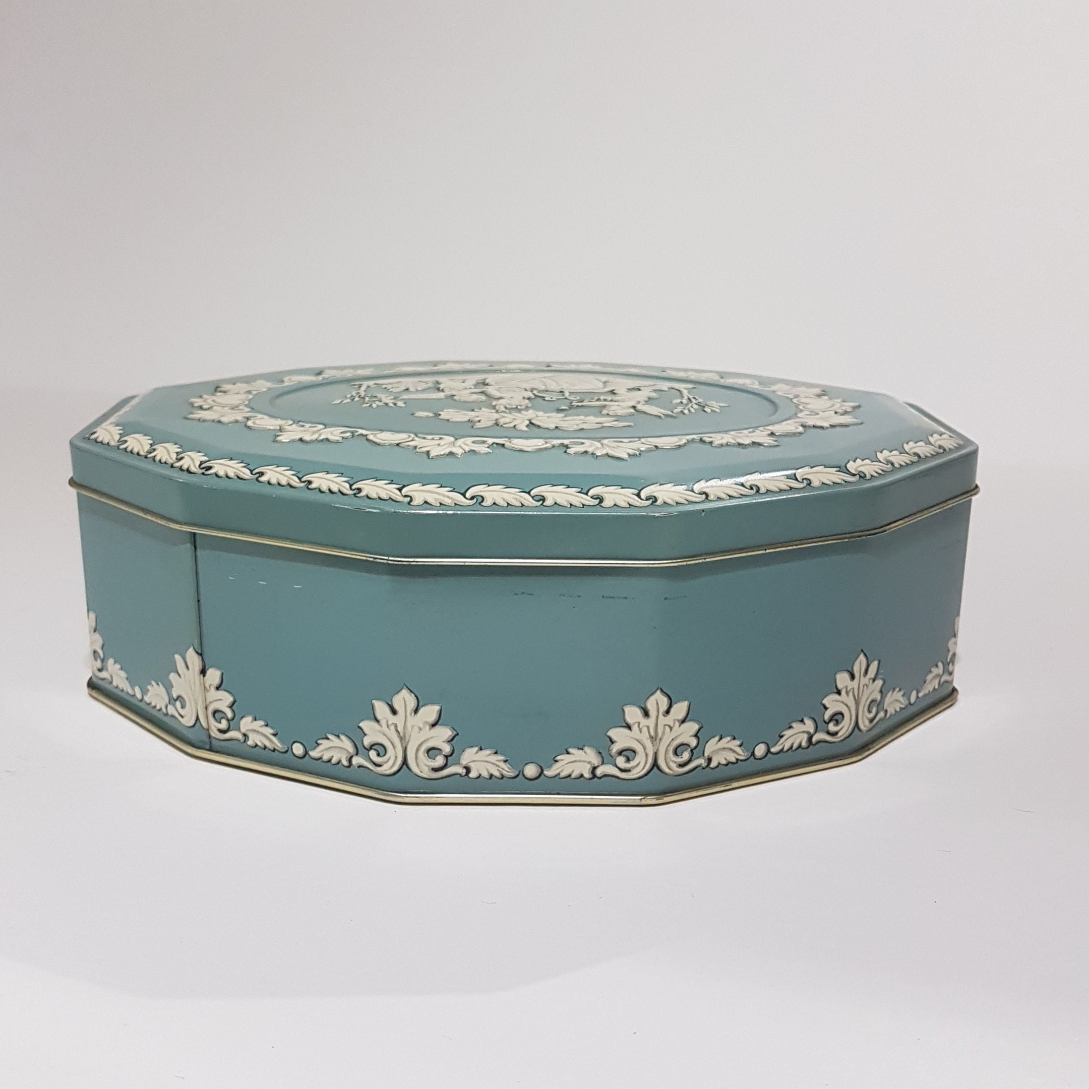 Vintage Gray Dunn Biscuit Tin, Wedgewood Style Embossed with Cherubs