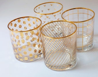 Vintage Whiskey Glasses, Set of 4, Mismatched Patterns, 12oz