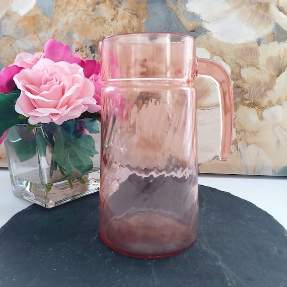 Arcoroc Rosaline Pink Swirl Glass Pitcher Vintage Barware Cottage Core Kitchen Decor