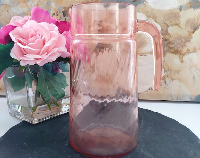 Arcoroc Rosaline Pink Swirl Glass Pitcher Vintage Barware Cottage Core Kitchen Decor