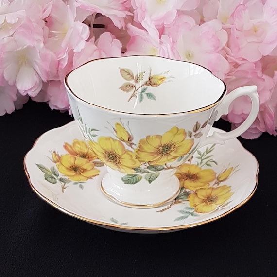 Royal Albert Wild Rose Tea Cup and Saucer, Vintage Yellow Floral English Bone China