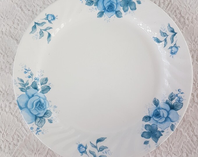 Vintage Corelle BLUE VELVET Dinner Plates, 10.25 Inch, Set of 3, Blue Roses, Swirl Rim
