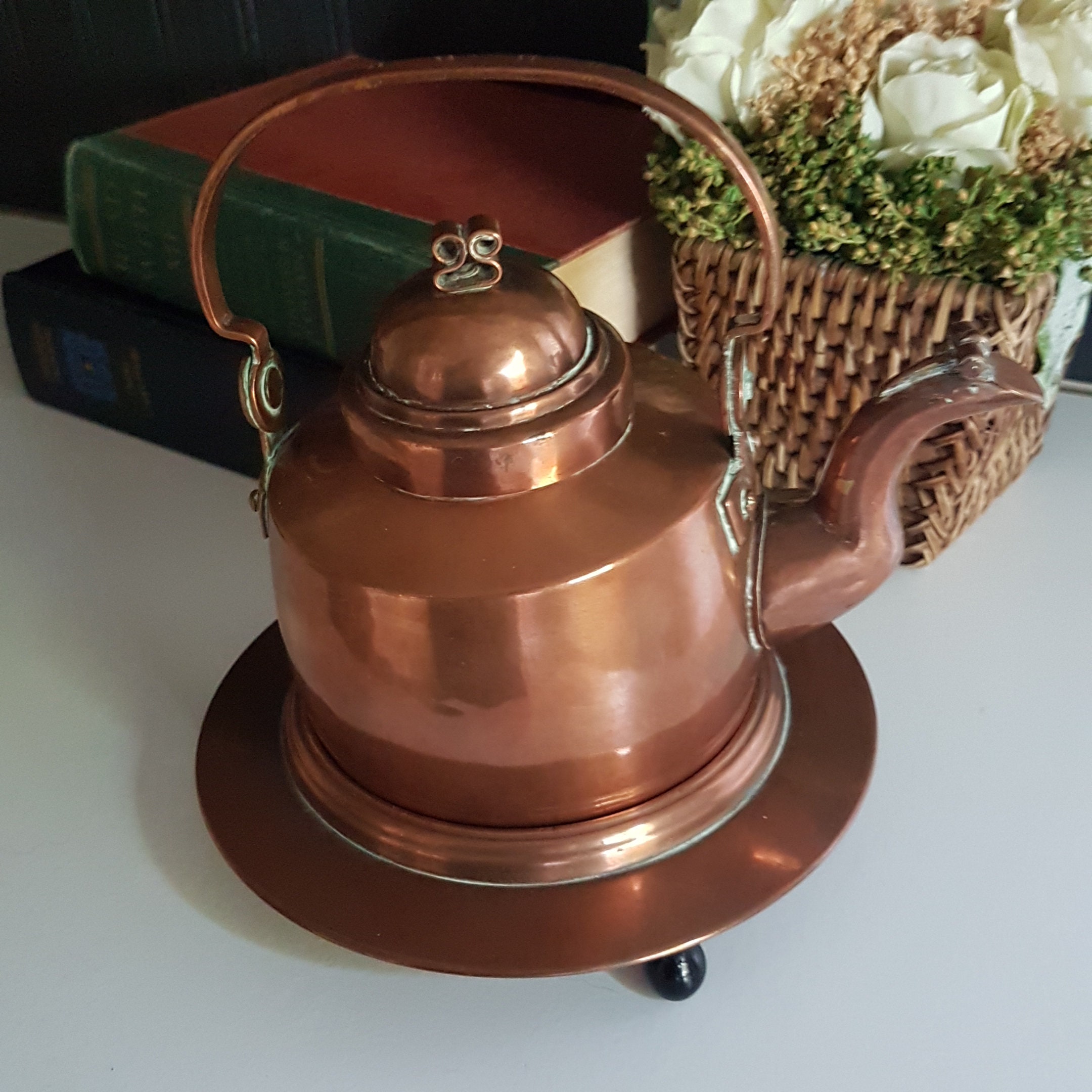 Vintage Copper Stovetop Tea Kettle with Copper Stand, Hinged Spout Lid