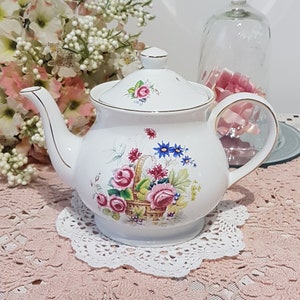 Sadler-theepot, bloemenmand met roze rozen, volledige grootte, 5 kopjes, vintage Sadler-theepot, gemaakt in Engeland