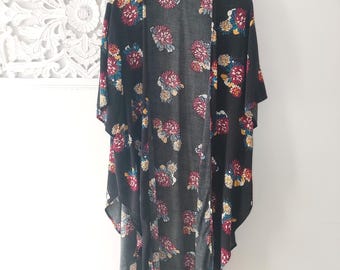 Vintage Floral Kimono: Plus Size Black Rayon Shirttail Cover Up