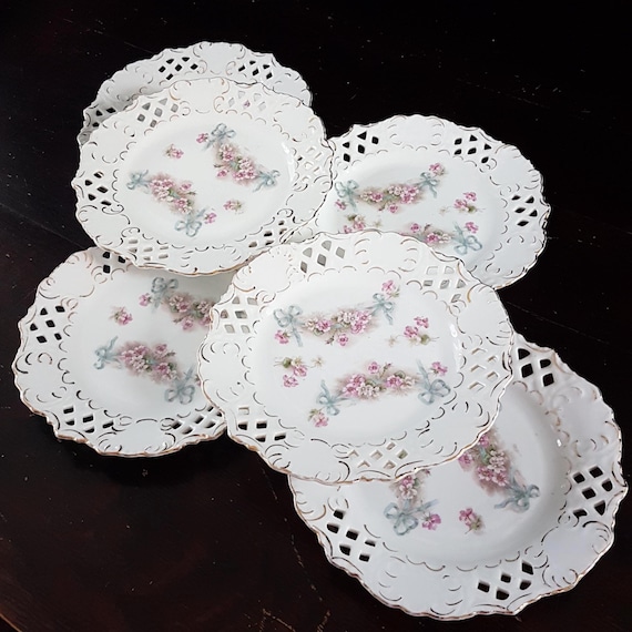 Vintage Porcelain Dessert Plates: Hand-Painted Pink Floral with Blue Ribbon, 6-Piece Elegant Set