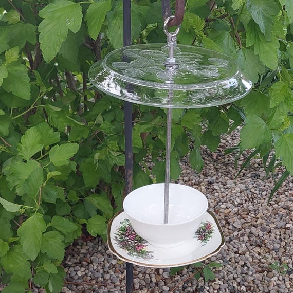 Vintage Bowl Hanging Bird Feeder with No-Rust Stainless Steel Hardware and Glass Rain Shield