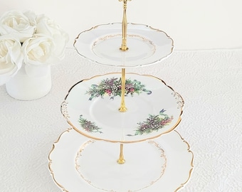 Handmade 3-Tier Cake Stand, Vintage English Bone China, Royal Doulton Floral Tiered Serving Tray