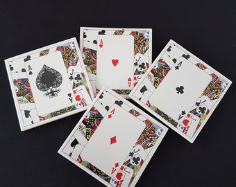 4pc Vintage Ace Playing Card Ceramic Coasters Set - Cork Back Trivets for Game Room Decor