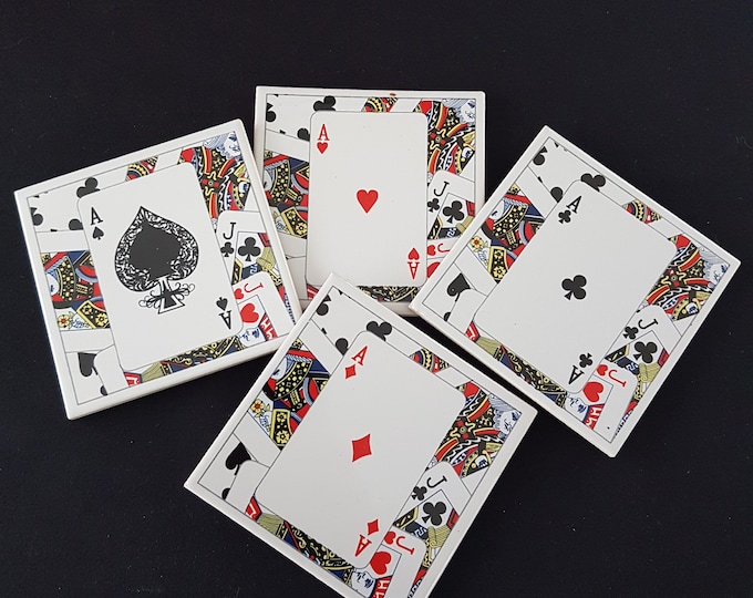 Vintage Playing Card Ceramic Coasters, Set of 4 Aces, Cork Back Trivet, 4.25 inch Square