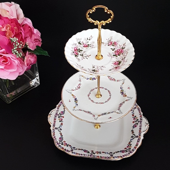 3 Tier Bone China Floral Cake Stand Wedding Tea Party Dessert Display