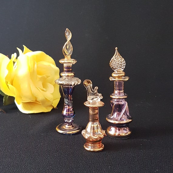 Vintage Glass Perfume Bottle Set: Purple & Orange Aromatherapy Decanters