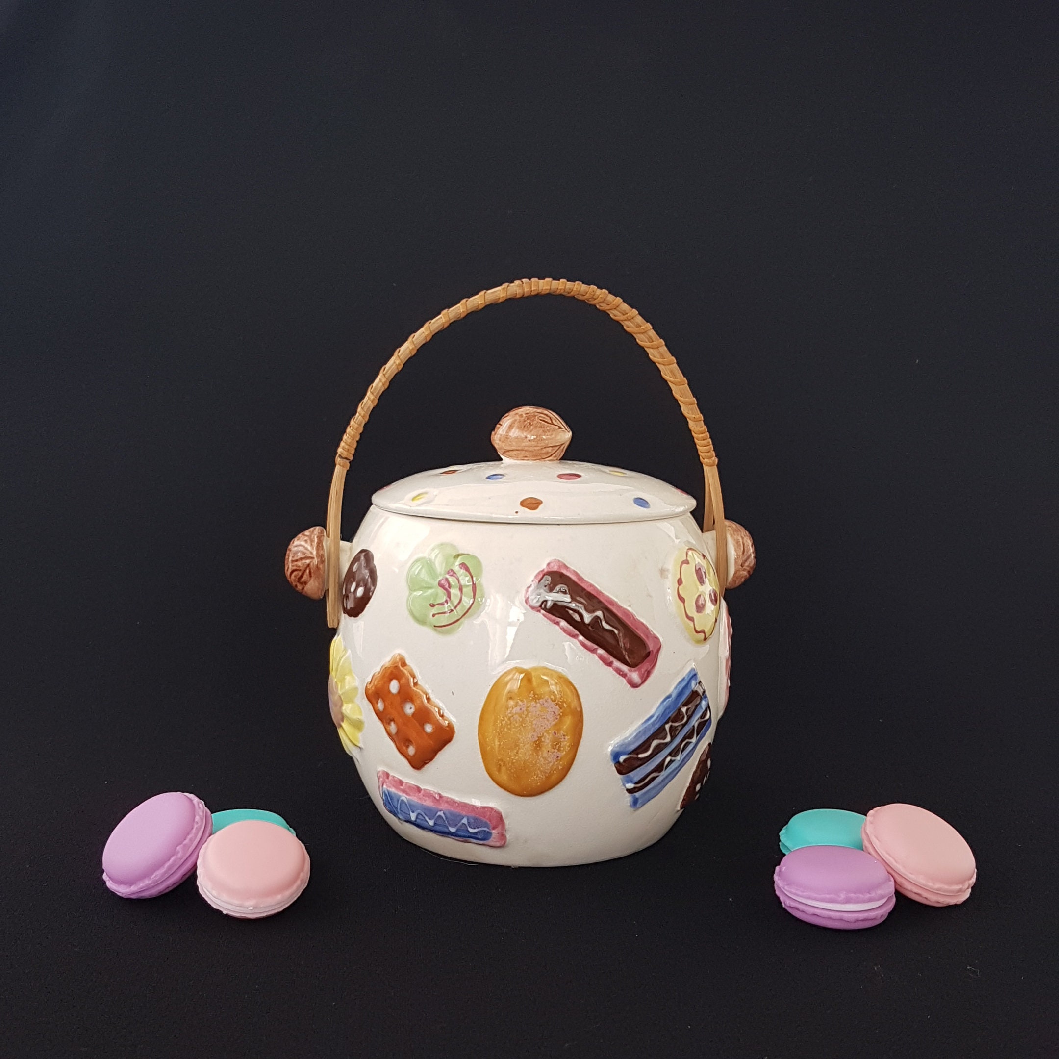 1950s Vintage Cookie Jar, Cookies All Over, Walnut on Top, Wicker