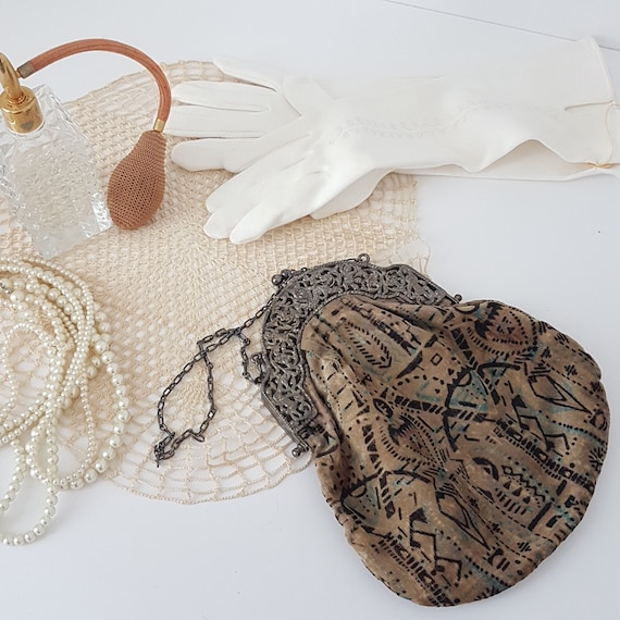 Vintage Evening Bag with Silverplate Kiss Lock, Hand-Stitched Fabric Clutch