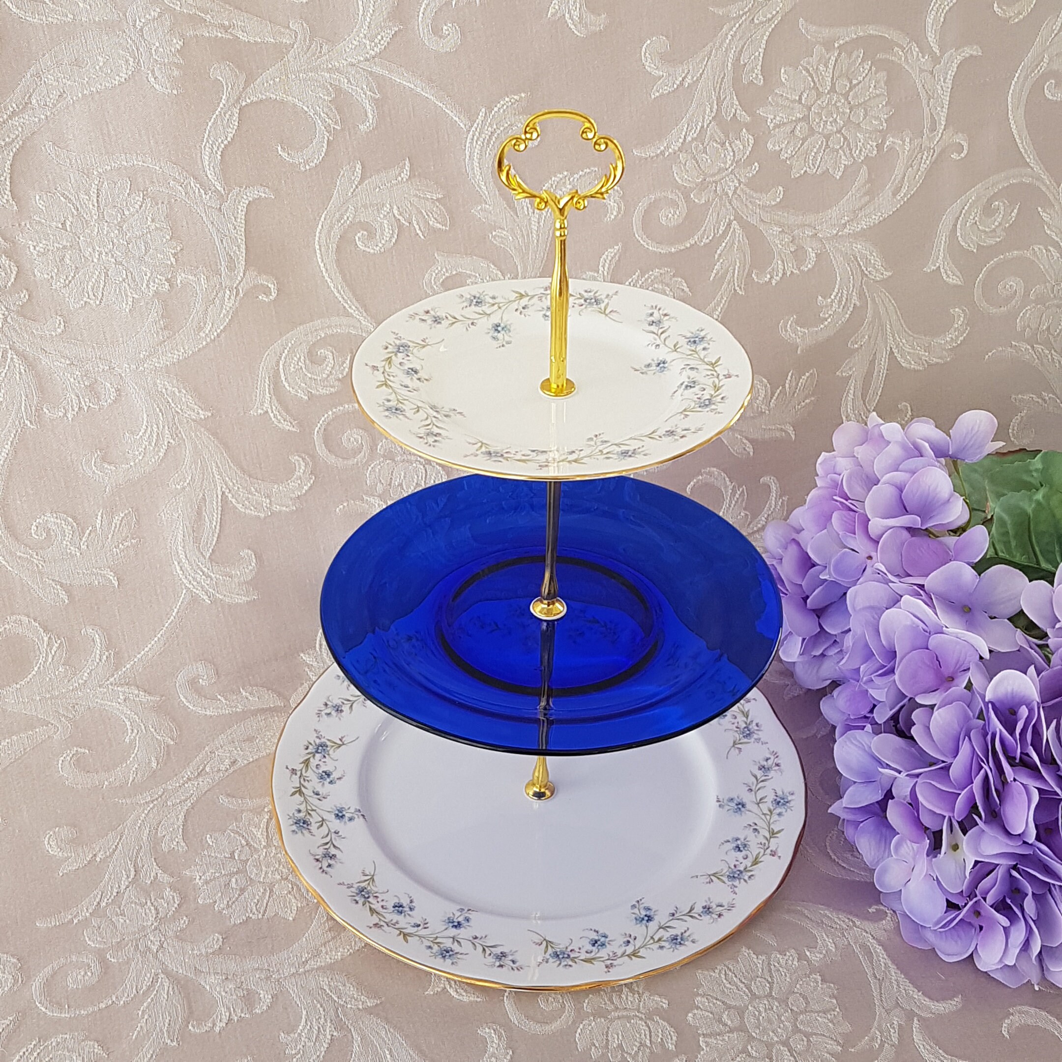 3 Tier Cake Stand, Blue Flower Duchess Bone China TRANQUILITY, Cobalt