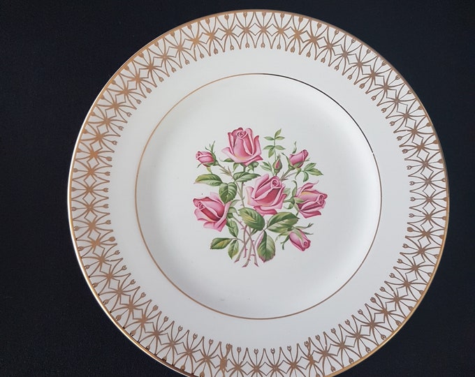 ROSEWOOD by Staffordshire, 7 Inch Dessert Plates with Pink Roses in Center, 22kt Gold Geometric Design on Rim, Made in England