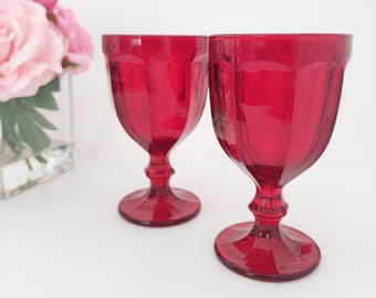 Vintage Red Glass Goblets 12oz Wine Water Drinking Set of 2