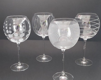 Set of 4 Mikasa Cheers Balloon Wine Glasses with Unique Etched Patterns