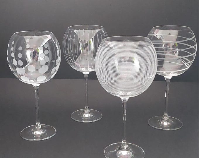 Set of 4 Mikasa Cheers Balloon Wine Glasses with Unique Etched Patterns