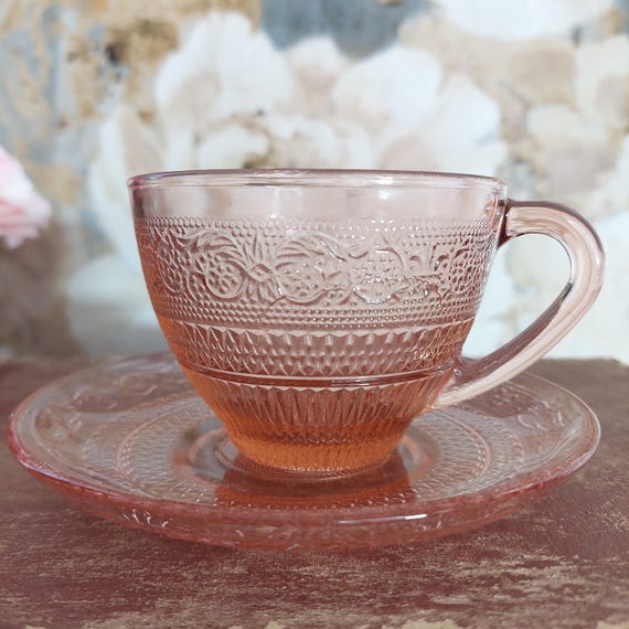 Vintage Pink Pressed Glass Tea Cup and Saucer Set Fleur de Lis Trellis Pattern