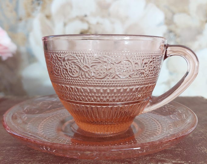Vintage Pink KIG Glass Tea Cup & Saucer Set with Trellis Fleur de Lis Pattern