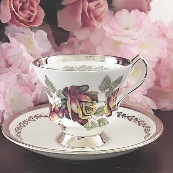 Vintage Windsor Bone China Teacup and Saucer, Red Rose with Silver Trim England 1960s