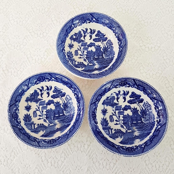 3pc Japanese Blue Willow Transferware Cereal Soup Bowl Set Vintage Dinnerware China