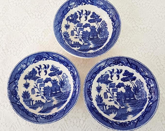 3pc Japanese Blue Willow Transferware Cereal Soup Bowl Set Vintage Dinnerware China