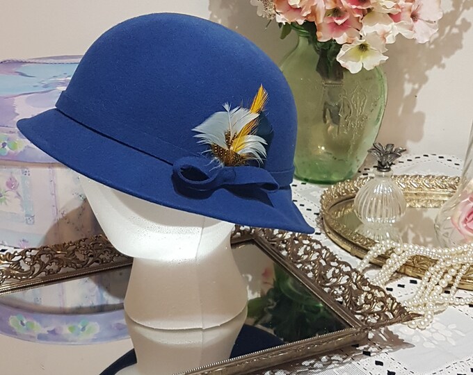 Geo W. Bollman & Co, Navy Blue, Doeskin 100% Felted Wool, Brimmed Hat, Feather Adornment, Small 20 7/8 Inch or 53cm