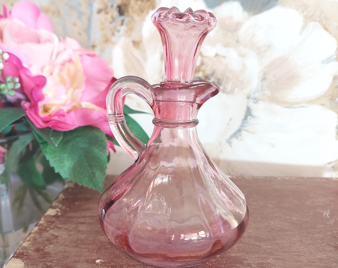 Vintage Pink Glass Vinegar Cruet with Stopper - Shabby Chic Kitchen Oil Dispenser Bottle Cottage Decor