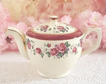 English Royal Tudor Ware Vintage Pink Floral Teapot, 1950s