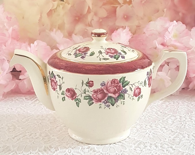 English Royal Tudor Ware Vintage Pink Floral Teapot, 1950s