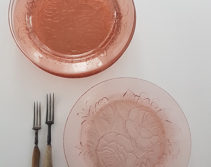 Vintage KIG Indonesia Pink Glass Dinner Plates with Raised Rose Floral Thick Pink Pressed Glass