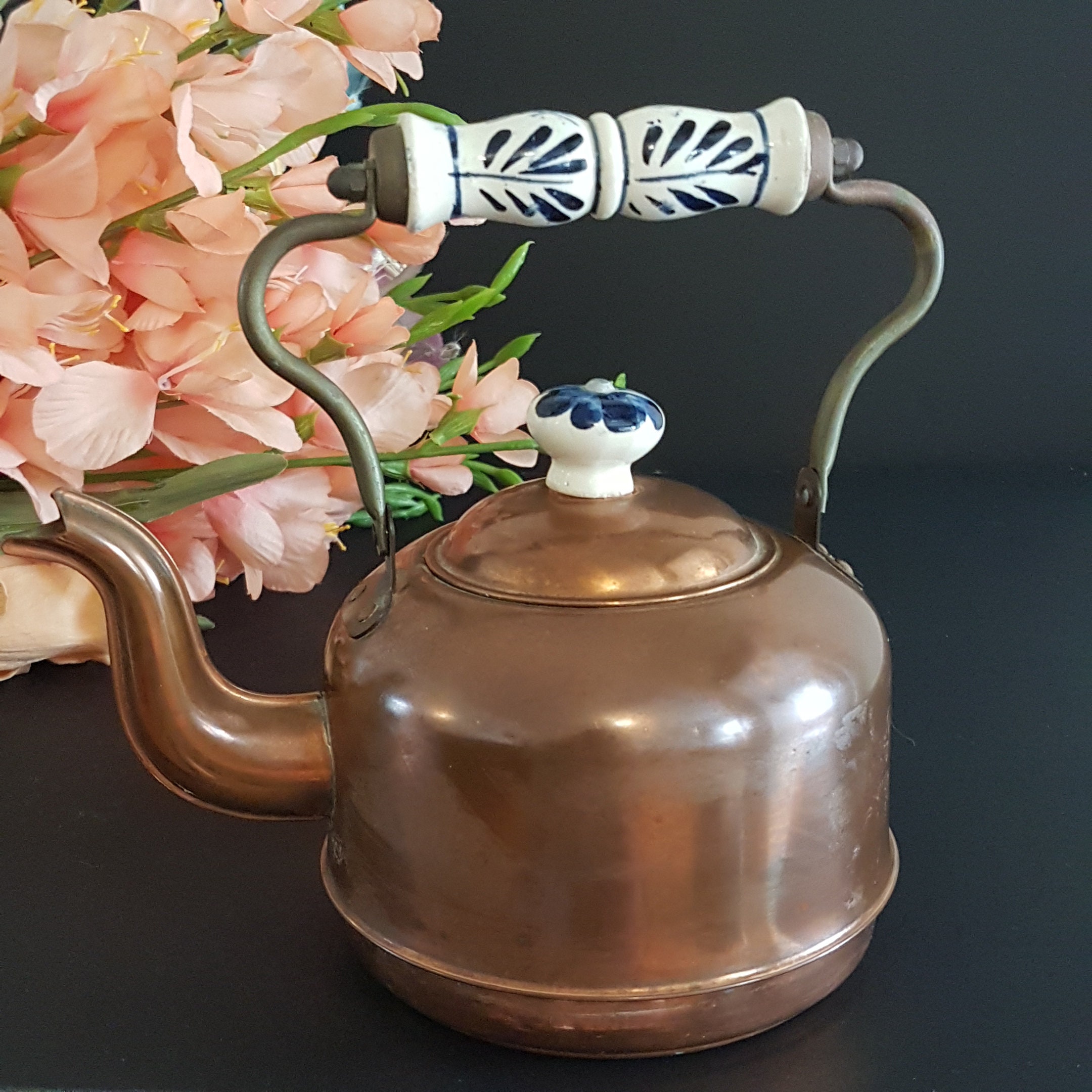 Vintage Copper Tea Kettle with Delft Blue Porcelain Handle & Knob, 5