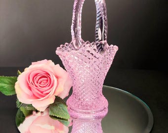 UV Reactive Pink Glass Basket, Selenium Pink Glow Westmoreland English Hobnail, 9" Fluorescent Brides Basket