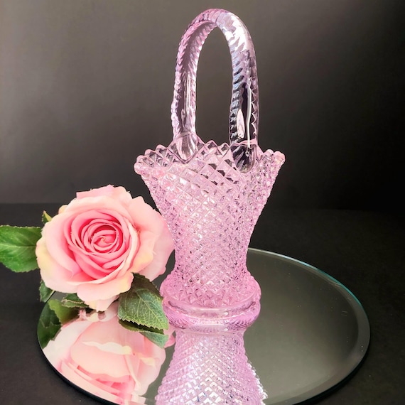 UV Reactive Pink Glass Basket, Westmoreland English Hobnail, Selenium Glow Brides Basket